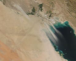An intense sandstorm turned the skies over Kuwait orange on June 11, 2021, with long, thick plumes of sand stretching over Iraq, Kuwait and the Persian Gulf. Photo: MODIS Land Rapid Response Team, NASA GSFC via Wikimedia Commons
