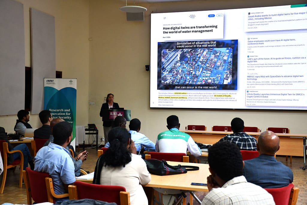 IWMI's Mariangel Andarcia Garcia presenting on digital twins at the codesign workshop. Photo: Elizabeth Wamba/ IWMI