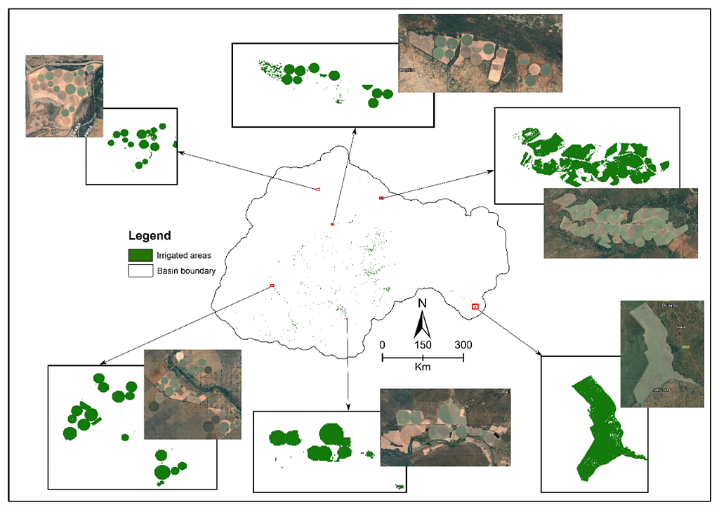 Map showing irrigated areas in June 2024 (data: Sentinel-2). The green represents irrigated fields. 