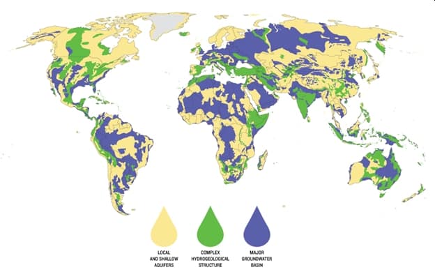 Estimated distribution of aquifers around the world. (Map created by Peder Engstrom and Kate Brauman of the Institute on the Environment’s Global Landscape Initiative. Data provided by BGR & UNESCO (2008)).