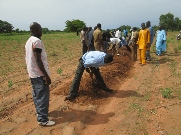 Farmers constructing a contour ridge to help water management at farm level in southern Mali. Photo: Birhanu Zemadim / IWMI