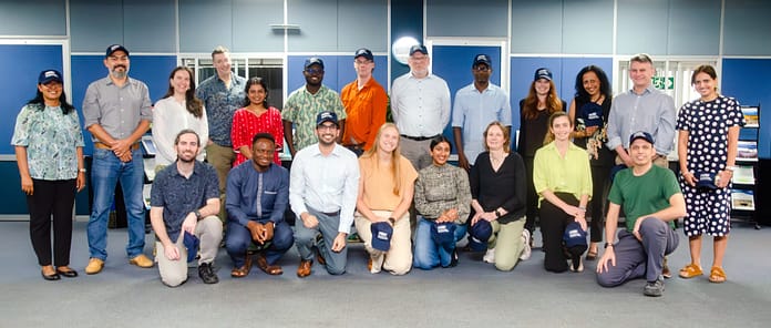 Partners of the Water Resilience Tracker (WRT) stand for a group photo at the end of a workshop at IWMI's Global Headquarters, 13 Feb. 2025. Photo: Pradeep Liyanage/IWMI.