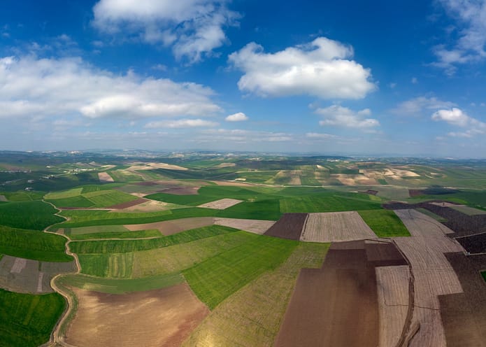 Aerial landscape with hilly agricultural fields in Morocco, Africa. Photo:Kokhanchikov/Shutterstock
