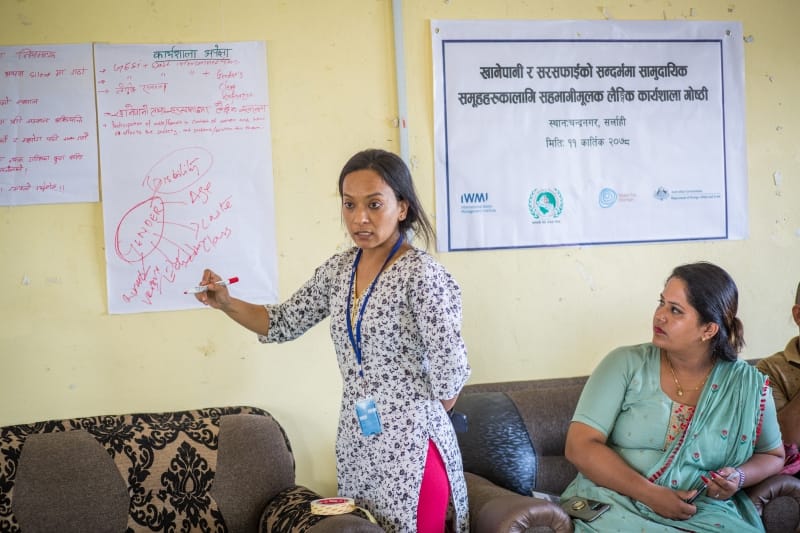 Gitta Shrestha, National Researcher - Gender, Social and Environmental Justice - from IWMI explains the concept of Intersectionality. She explains how gender intersects with other social identities such as disability, age, caste, ethnic group, economic status, education, geographical locations etc., and shapes individual experiences of exclusion and inclusion. She adds the mensuration related needs and challenges faced by women with and without disability differs in communities.