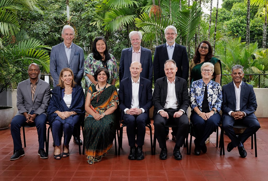 Members of the IWMI Board of Governors, independent members of committees, and the board secretary sit for a group photo during the Board of Governors meeting at IWMI’s global headquarters in Colombo, Sri Lanka, November 25–28, 2025.