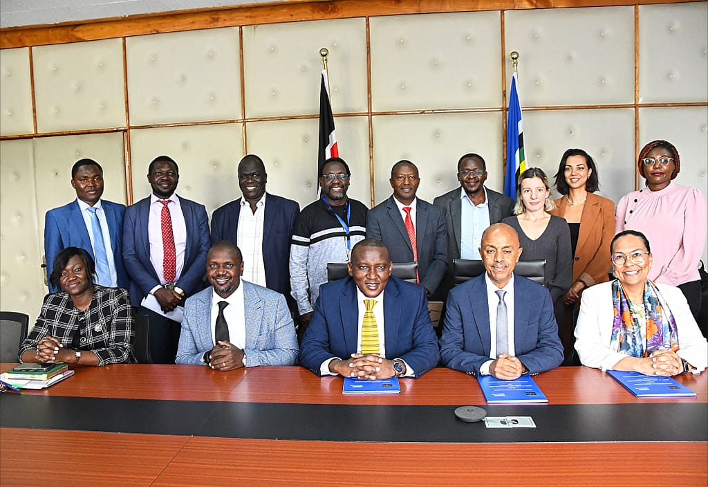 Kenya’s Irrigation Principal Secretary Ephantus Kimotho flanked by officials from the Ministry of Water, Sanitation and Irrigation and IWMI’s team led by Abdulkarim Seid and Inga Jacobs-Mata during the MoU signing in Nairobi, Kenya. Photo by Akhal Lorua/ Ministry of Water, Sanitation and Irrigation, Kenya