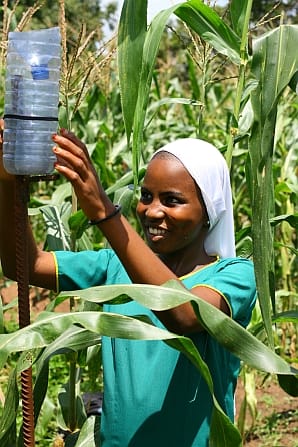 Fulani farmer Abdullah Ahjedi's daughter demonstrating how she takes readings from rain guage.