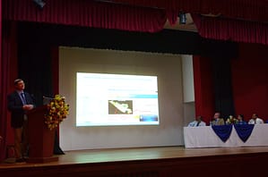 Vladimir Smakhtin addresses the gathering. On the dais are Gen. L.B.R Mark Director General of the DMC, Peter McCornick from IWMI, Sithy Mohamend from the Ministry of Disaster Management, and Shirish Ravan, Head of UNOOSA/UN SPIDER