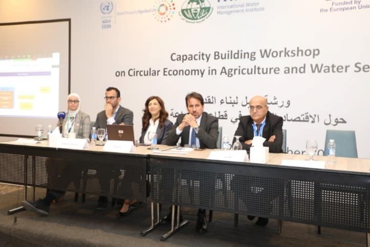 (Left to right) Maha Al-Zu’bi (IWMI); Hamzeh Yasin (The Embassy of Sweden Amman); Reem Nejdawi (ESCWA); Khaled Abu Hamour (NARC, Jordan); and Raed Hattar (AOAD). Photo: IWMI