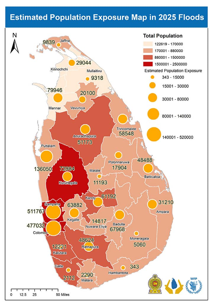 Estimated population exposure to 2025 floods in Sri Lanka. Graphic: National Disaster Relief Services Centre
