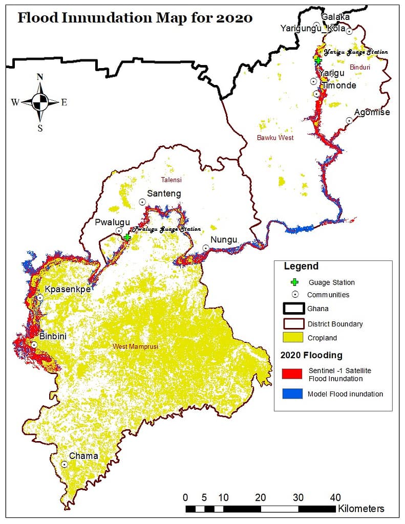 A flood exposure map of September 2020 shows the flooded area across agricultural fields and communities, developed by combining satellite images with flood modelling. Graphic: Samuel Uwusu Ansah/KNUST