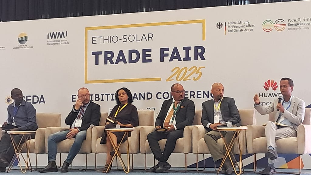 IWMI's Muluken Adamseged (far right) contributing to a panel discussion at the 2025 Ethio-Solar Trade Fair held in Addis Ababa. Photo: Elizabeth Wamba/IWMI