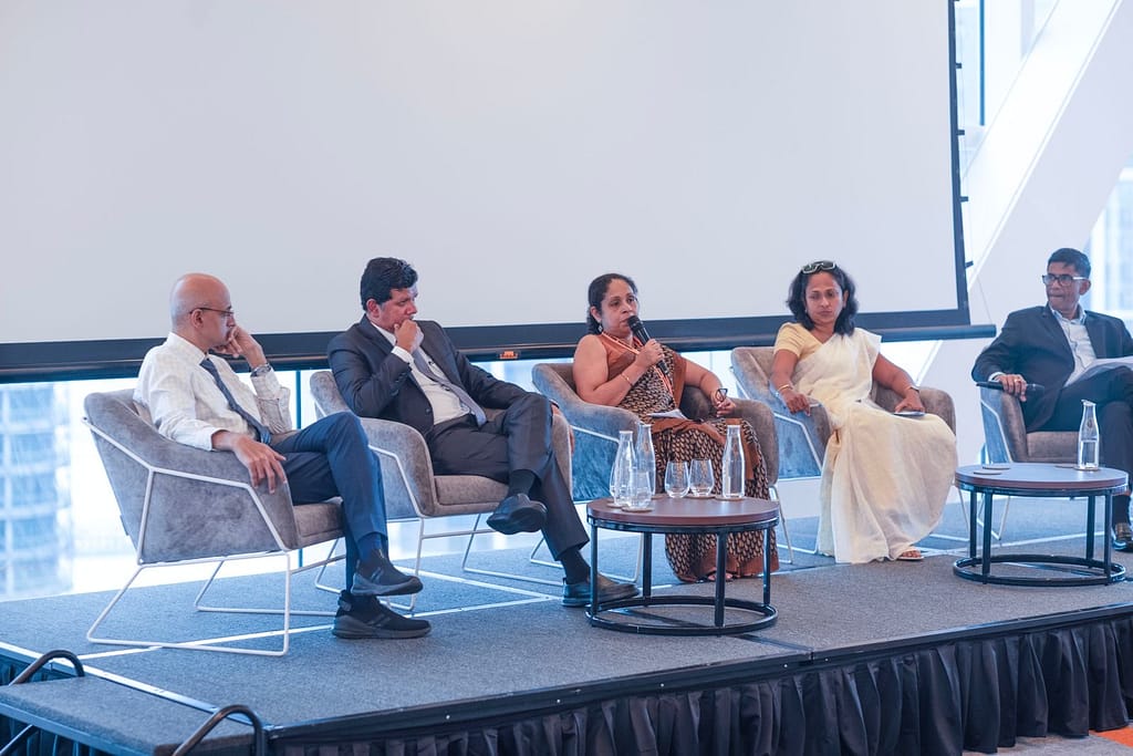 From left to right, Renuka Silva of the Wayamba University of Sri Lanka; Gilma Dahanayake, Sri Lankan Government Scaling Up Nutrition Focal Point; Dilka Peiris from the World Food Programme; Abner Daniel from UNICEF; and Supun Wijesinghe from the Ministry of Health Sri Lankas discuss nutrition, food, water and energy insecurity during the BRIGHT Survey launch event in November, 2025. Photo: Derek Headey/IFPRI