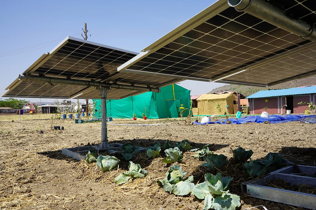 A demonstration of an agrivoltaics setup for farmers at the IWMI site during the Unnat Krishi Mahotsav 2026 in Raisen, Madhya Pradesh. Photo: IWMI