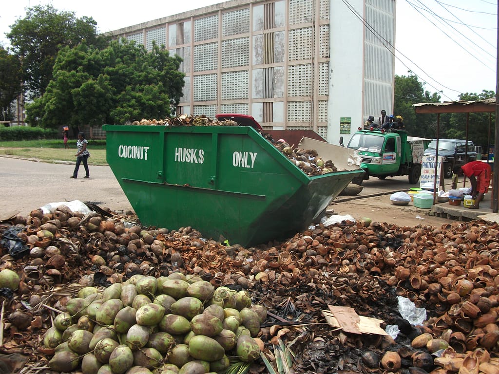 A coconut waste collection site in the city of Accra, Ghana. Photo: IWMI