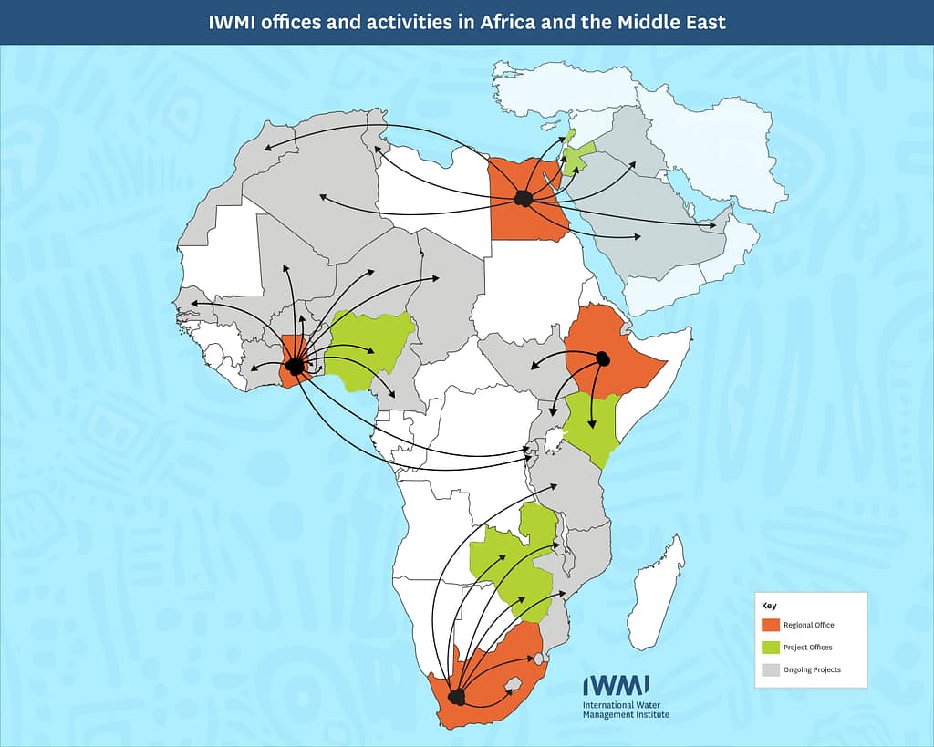 Through its four regional hubs and five project offices, IWMI's activities span over 30 countries in Africa and the Middle East. Map: IWMI
