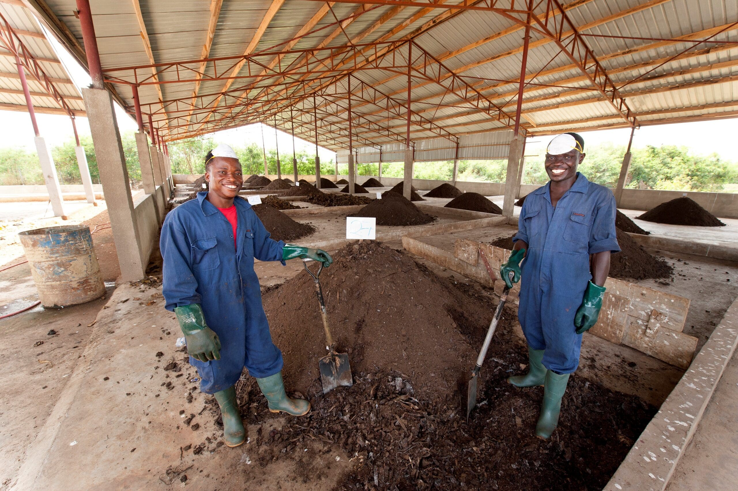 Workers from the Fortifer plant in Borteyman community in Accra, Ghana, turn compost heaps regularly to ensure good aeration, temperature control, moisture distribution and nutrient retention. Photo: Harmish Applebly/IWMI