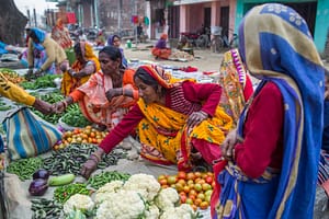 Women sell vegetables at a hat bazaar market in the Siraha District, Nepal. Photo: Nabin Baral / IWMI