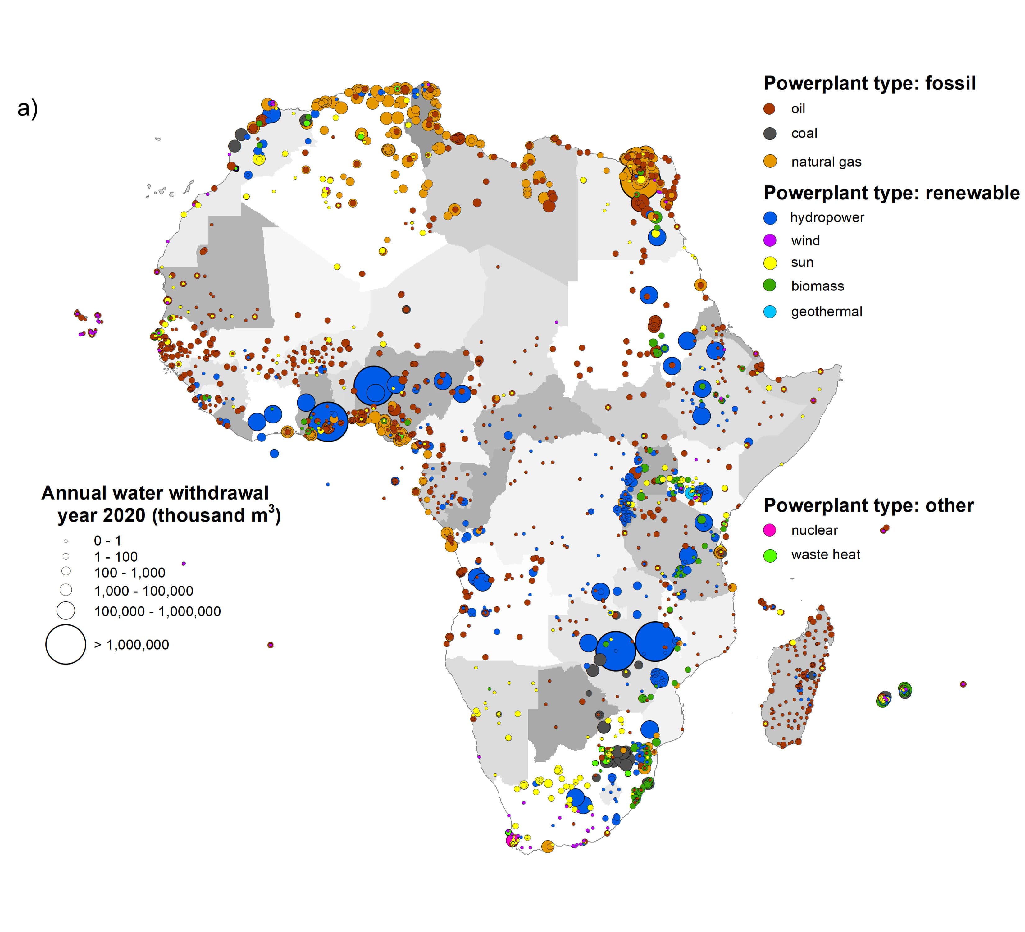Distribution of power plants across Africa. Bigger circles denote larger annual water withdrawal in 2020. Foresight Initiative / IWMI.