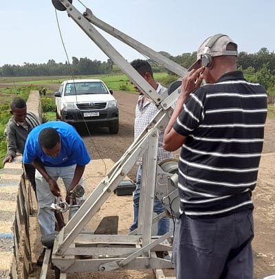 The team taking velocity measurements using the equipment at Gilgel Abay gauging station. Photo: Sitot Wassie