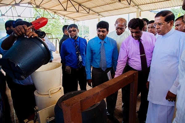 Senior Researcher of Resource Recovery & Reuse, Sudarshana Fernando and researcher Lakshika Hettiarachchi demonstrated to Hon. Maithripala Sirisena and Minister of Agriculture Duminda Dissanayake how to convert compost into pellets of organic fertilizer. Senior Researcher of Resource Recovery & Reuse, Sudarshana Fernando and researcher Lakshika Hettiarachchi demonstrated to Hon. Maithripala Sirisena and Minister of Agriculture Duminda Dissanayake how to convert compost into pellets of organic fertilizer.