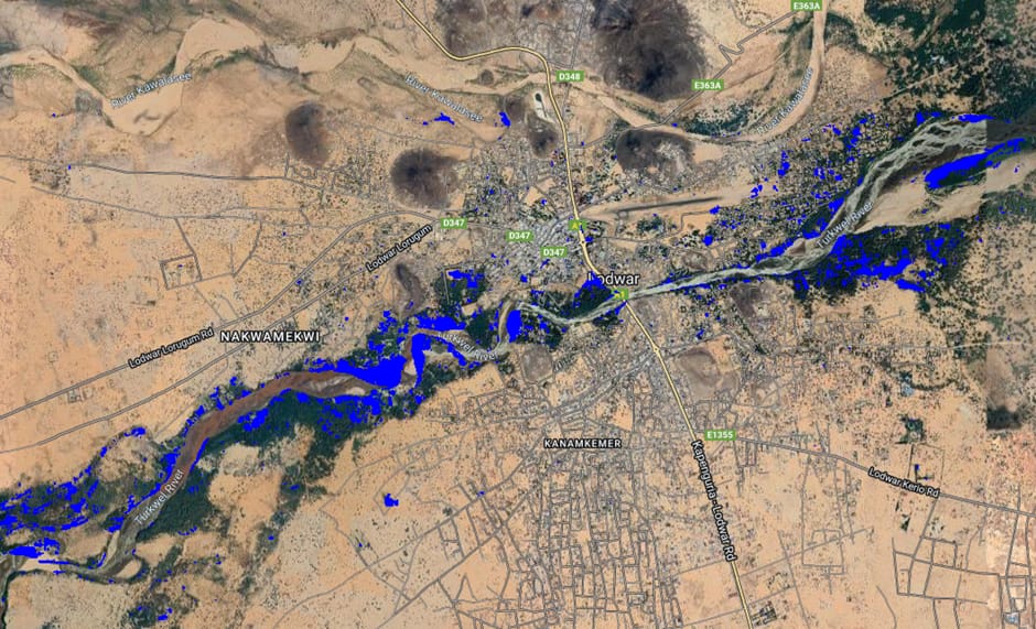 IWMI mapped flood prone areas in Lodwar Town in Kenya based on sentinel 2 images for the period 2016-2023. Graphic: Haileyesus Lakew/ IWMI