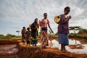 Women and girls from the village of Gayo in Ethiopia collect water from a rainwater pool. Photo: Martchan/Shutterstock