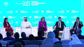 IWMI Director General, Mark Smith (right) at the plenary on water, energy, food and ecosystem nexus at the World Governments Summit held from February 3–5, 2026, in Dubai, United Arab Emirates. Photo: World Government Summit 2026