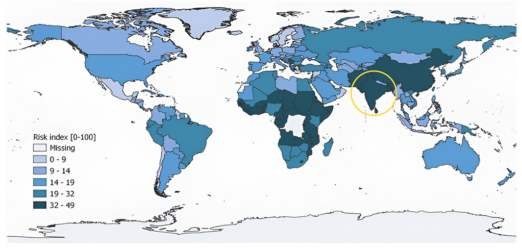 India is projected to be among the countries at highest risk of waterborne antimicrobial resistance by 2030. Map adapted from the World Economic Forum.