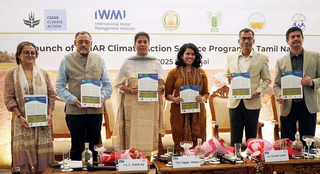 CGIAR Climate Action Program launched in Chennai, Tamil Nadu on May 16, 2025. In the photo (left to right): Giriraj Amarnath, Pothupani Thilagam, Madhavi Yadhav, Sudha Ramen, Alok Sikka, and Gulshan Borah. Photo: Tanmoy Bhaduri/IWMI.