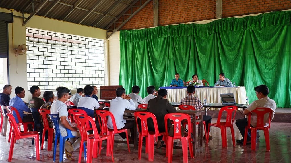 Trainees in Dongbarkmai Village, from Attapeu Province, Lao PDR, participate in a meeting in November. The session covered IWMI support for constructing two red rice storage facilities and updates on the 2025 red rice price and collection schedule. Photo: Lao Farmer Association