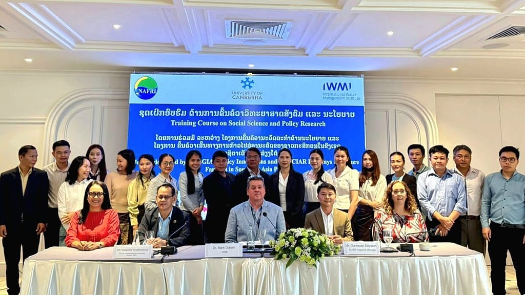Organizers from the Australian Center for International Agricultural Research, International Water Management Institute and National Agriculture and Forestry Research Institute at the training in Lao PDR, supporting stronger agriculture research and policy development. Photo: IWMI
