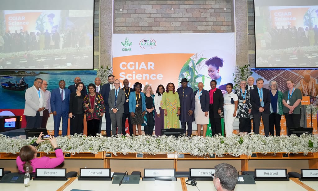 Speakers stand for a group photo at the opening ceremony of CGIAR Science Week 2025 in Nairobi, Kenya. Photo: CGIAR