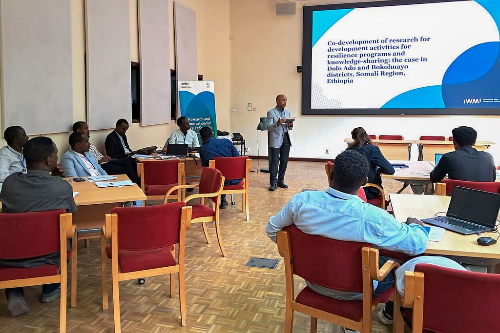IWMI's Abdulkarim Seid gives remarks at a resilience co-design workshop in Addis Ababa, Ethiopia. Photo: Elizabeth Wamba/IWMI