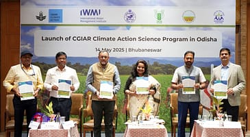 CGIAR Climate Action Program launched in Bhubaneswar, Odisha on May 14, 2025. In the photo (left to right): Giriraj Amarnath, Kamal Lochan Mishra, Anu Garg, Alok Sikka, A. K. Nayak, and Arjamadutta Sarangi. Photo: Tanmoy Bhaduri/IWMI.