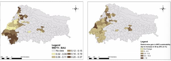 Mapping the potential for nexus gains: These maps generated by the WEF-Nexus DSS illustrate the Water-Energy-Food-Environment Trade-off Index under a business-as-usual scenario compared to a 20% increase in irrigation efficiency. Graphic: IWMI