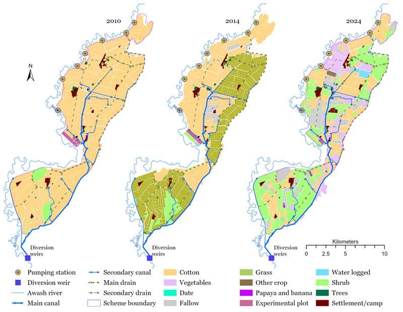 Crop type maps developed for 2010, 2014 and 2024 to track shifts in land use. Graphic: IWMI