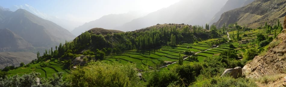 A Panoramic View of the Duikar Plateau and terrace fields of Hunza, Pakistan. Photo: Wikimedia / Forcaan