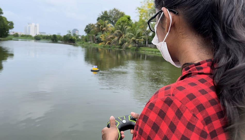 Float, an unmanned surface vehicle (USV), being driven around one of the Colombo city's wetlands to collect water quality data. Photo: Luisa Charles Float, an unmanned surface vehicle (USV), being driven around one of the Colombo city's wetlands to collect water quality data. Photo: Luisa Charles