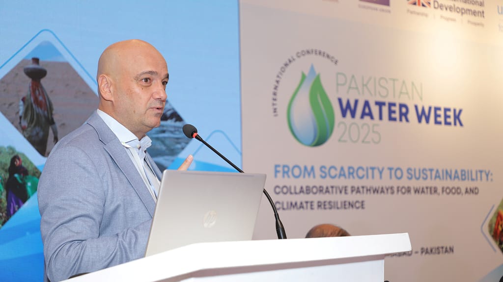 Johan Gély, IWMI’s Asia director for research impact shares insights during Pakistan Water Week 2025. Photo: IWMI