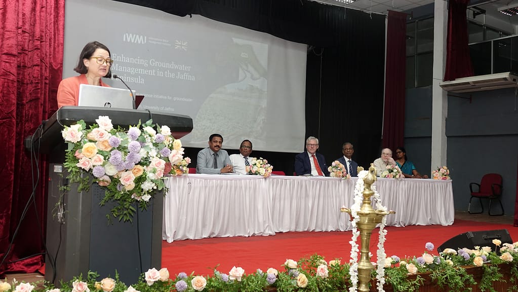 Catherine West, UK Minister for the Indo-Pacific, addresses a stakeholder session at the University of Jaffna introducing the Enhancing Groundwater Management in Jaffna project. Photo: IWMI