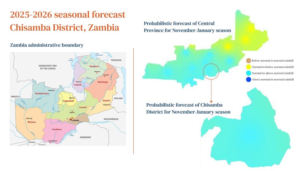 For the Chisamba district, the 2025-2026 seasonal forecast shows the likelihood of rainfall falling below, near or above normal rainfall levels. These forecasts are instrumental in helping farmers prepare for shifting rainfall patterns. It guides their decisions on planting, water management and risk reduction. Graphic: IWMI