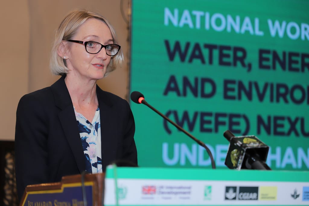 Anna Ballance, senior climate lead at FCDO speaking at the Water, Energy, Food and Environment Nexus event in Islamabad, Pakistan. Photo: IWMI