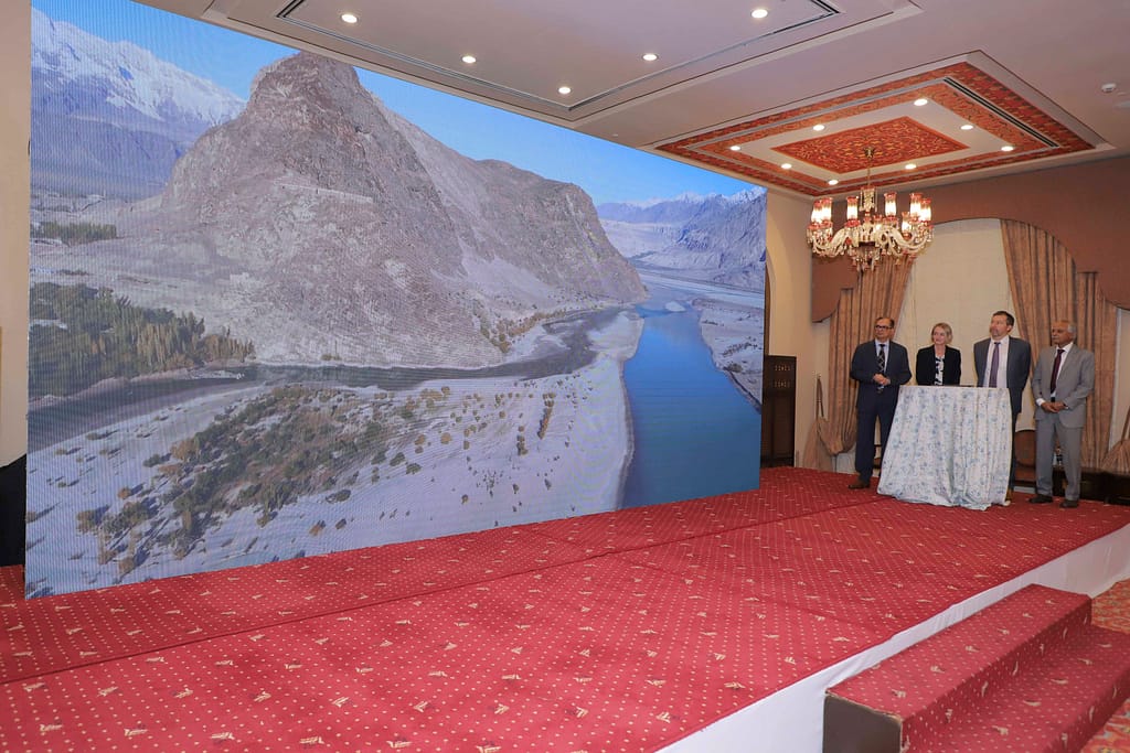 Left to Right: Mohsin Hafeez (IWMI), Anna Ballance (FCDO), Clemens Breisinger (CGIAR) and Muhammad Ashraf (IWMI) after launching dashboards in Islamabad, Pakistan. Photo: IWMI