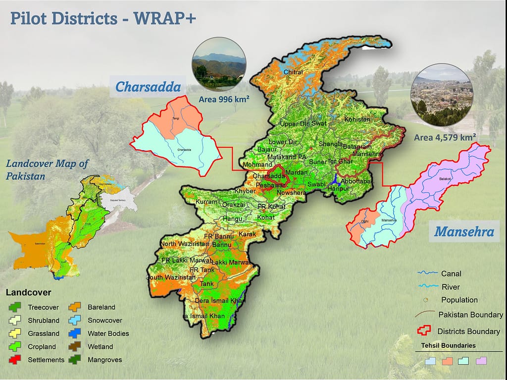Landcover map of the pilot districts, Charsadda and Mansehra, showing available waterbodies. Graphic: IWMI