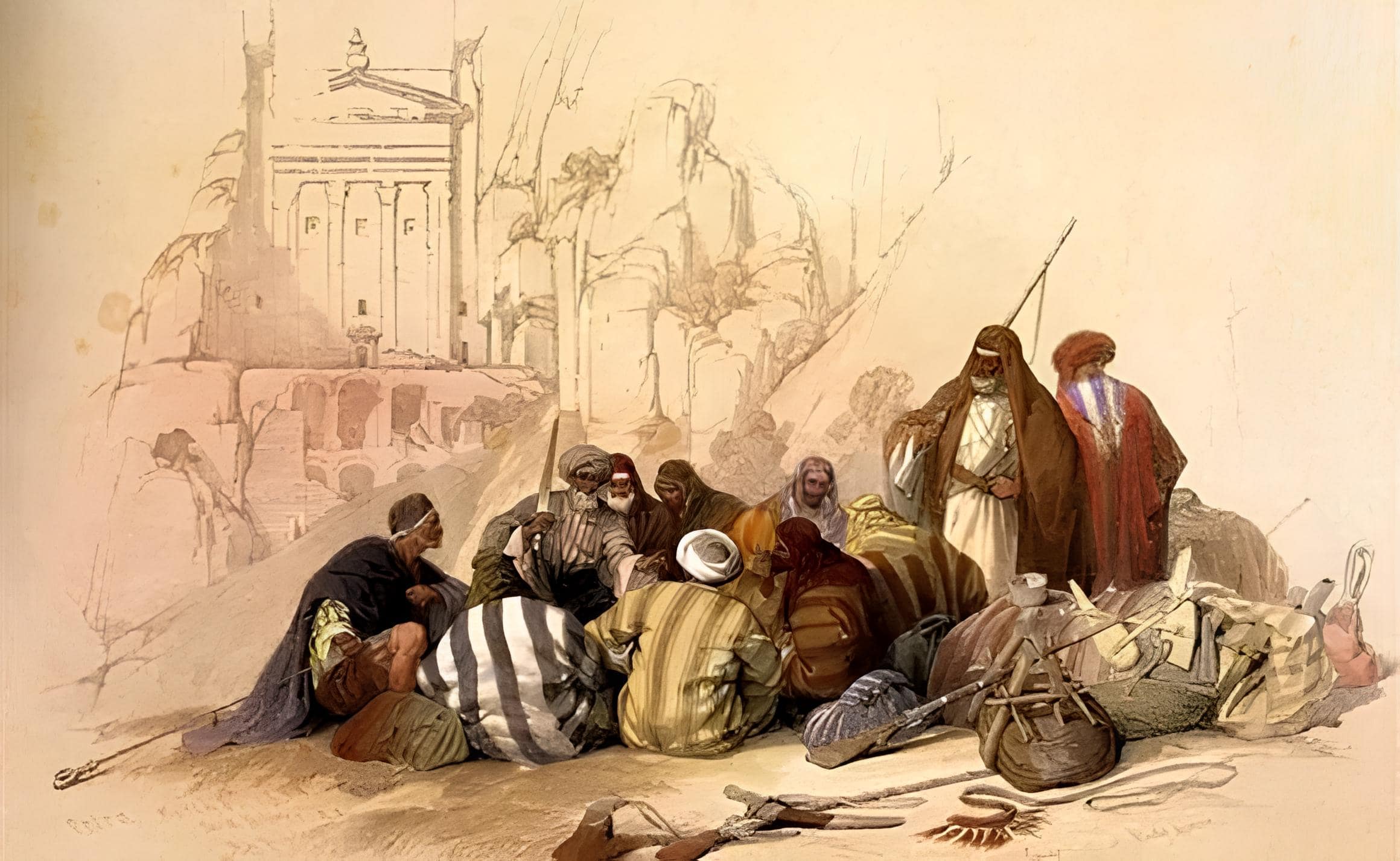 Conference of Arabs at Wady Moosa, Petra, March 6, 1839. Painting by David Roberts, lithographed by Louis Haghe, published 1844–1845. Photo courtesy of the Library of Congress (LC-USZC4-3518).