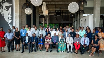 Members of the Lower Kafue Basin Multi-Stakeholder Platform gather with representatives from CGIAR research centers, including IWMI and WorldFish, in Zambia, 2025. Photo: Stephen Kakwende Photography for IWMI