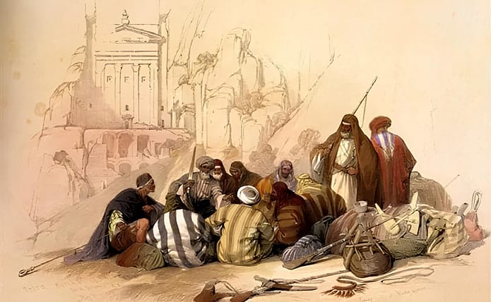 Conference of Arabs at Wady Moosa, Petra, March 6, 1839. Painting by David Roberts, lithographed by Louis Haghe, published 1844–1845. Photo courtesy of the Library of Congress (LC-USZC4-3518).