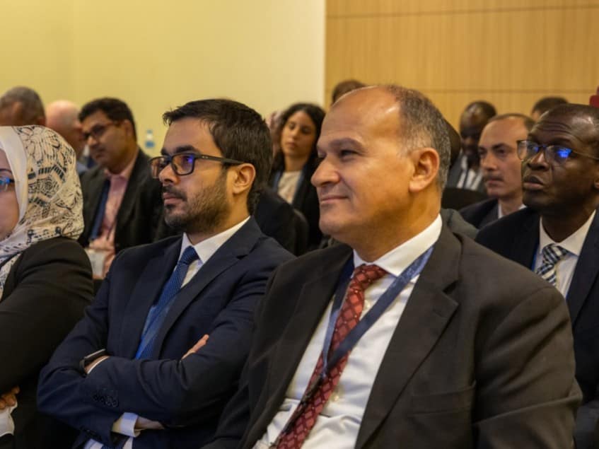 Seated left to right, Youssef Brouziyne, IWMI Regional Representative for MENA and Yosry Khafagy, Vice-Chairman of the Egyptian Public Authority for Drainage Projects (EPADP) at the Ministry of Water Resources and Irrigation, at Cairo Water Week 2025. CWW brought together regional leaders to explore pathways toward climate-resilient water futures. Photo: Mohamed Elsherief/ICARDA