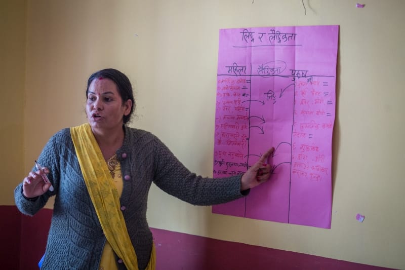 Mina Thapa, GESI focal person, discusses examples of sex and gender with participants. She explains sex is a biological construct while gender is a social one